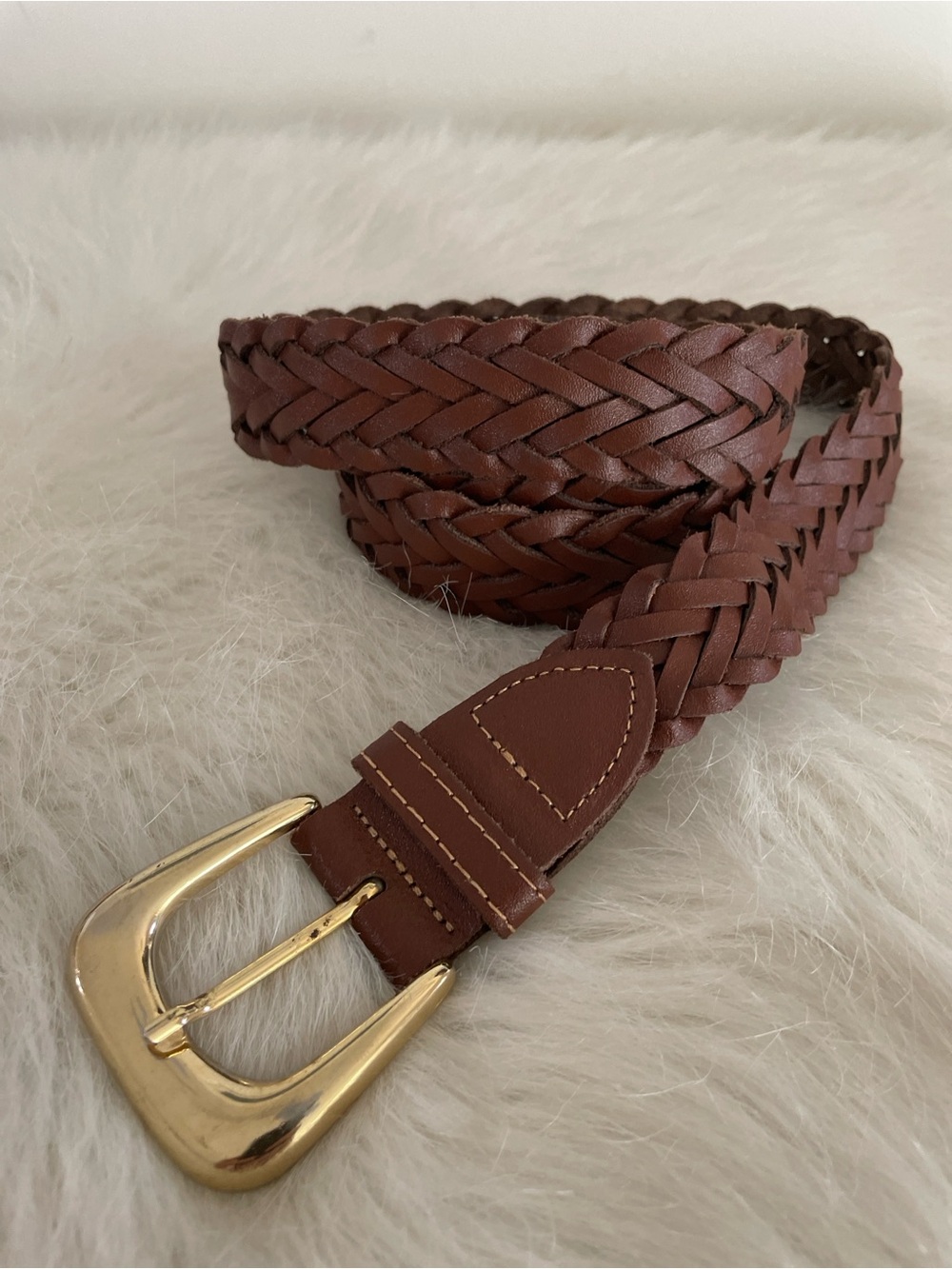 Brown tan leather woven belt with golden brass buckle size 40